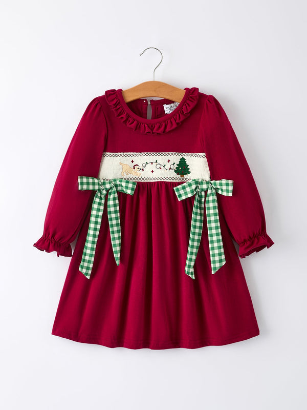 preorder-christmas-smocking-embroidered-girls-dress-with-green-plaid-bow-Sophia's Style-Dress-1